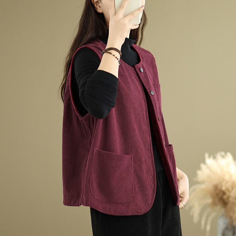 Buddha Stones Corduroy Buttons Women's Sleeveless Cotton Vest Waistcoat With Pockets - image 20