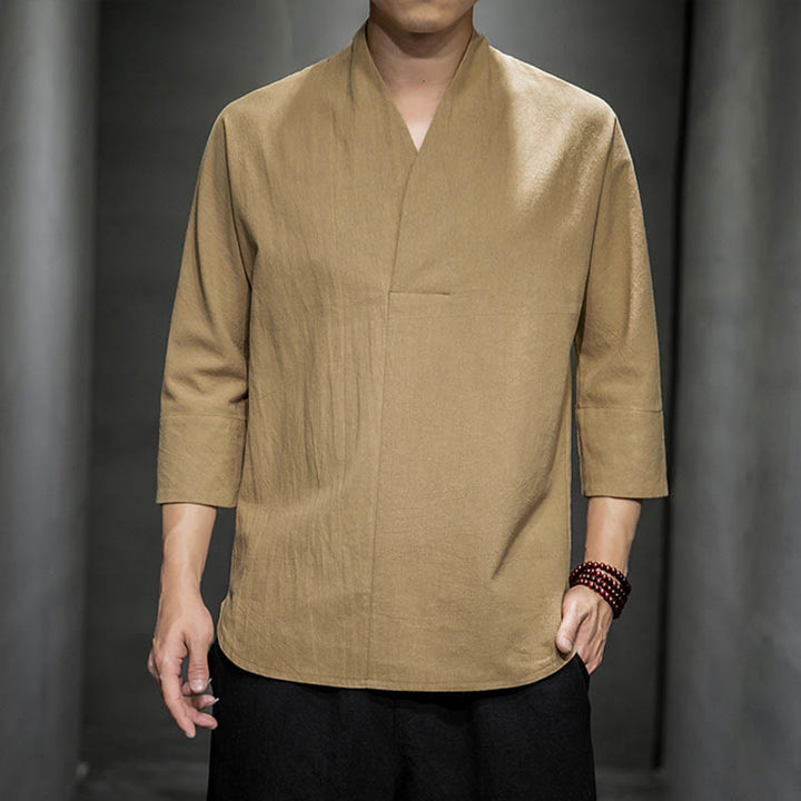 Buddha Stones Casual V-Neck Three Quarter Sleeve Shirt Men Clothing - BurlyWood - US/UK/AU44，EU54 (5XL) - image 0