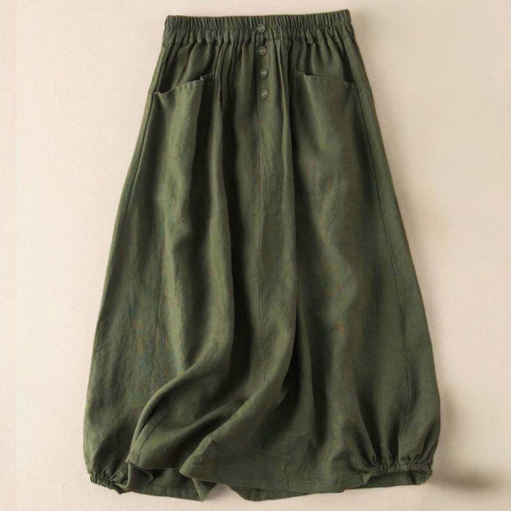 Buddha Stones Summer Solid Button Elastic Waist 7-8 Length Women's Skirt With Pockets - DarkOliveGreen - US16，UK/AU20，EU48 (5XL) - image 4