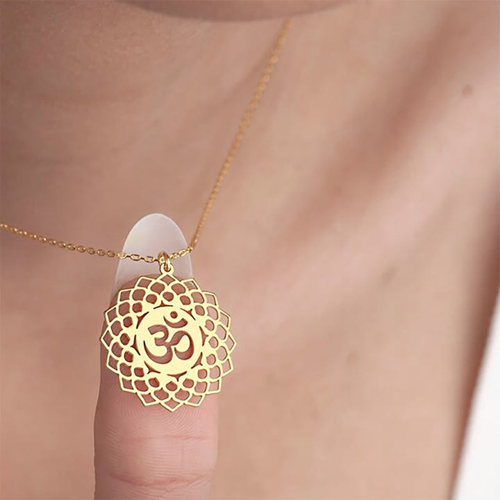 Buddha Stones Hollow Lotus Design Om Symbol Stainless Steel Connection Necklace Pendant - image 2