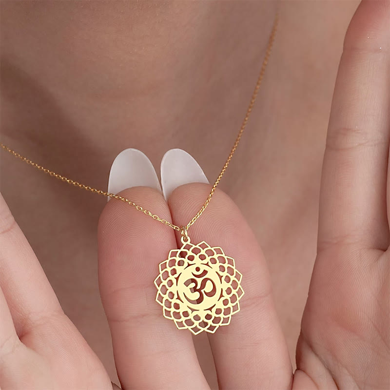 Buddha Stones Hollow Lotus Design Om Symbol Stainless Steel Connection Necklace Pendant - Gold - image 1
