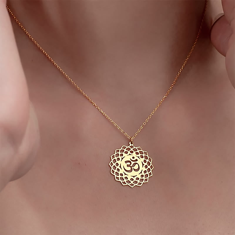 Buddha Stones Hollow Lotus Design Om Symbol Stainless Steel Connection Necklace Pendant - image 3