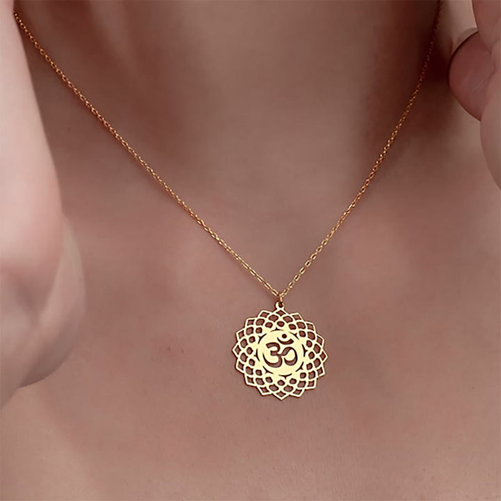 Buddha Stones Hollow Lotus Design Om Symbol Stainless Steel Connection Necklace Pendant - image 3