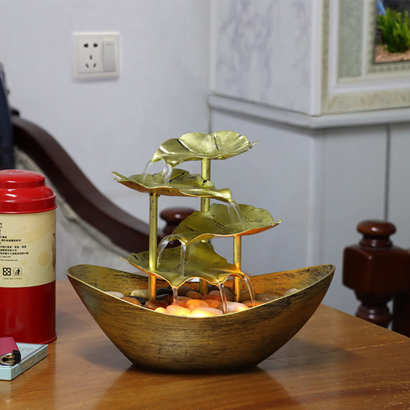 Buddha Stones Lotus Leaf Shaped Waterfall Fountain Tabletop Ornaments With LED Light Home Office Desktop Decoration - Gold(Metal Version) - image 27