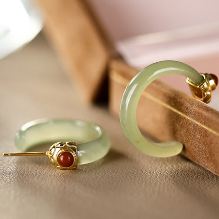 Buddha Stones 925 Sterling Silver Hetian Jade Prosperity Curved Earrings  - image 5