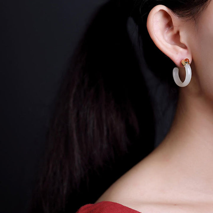 Buddha Stones 925 Sterling Silver Hetian Jade Prosperity Curved Earrings  - image 15