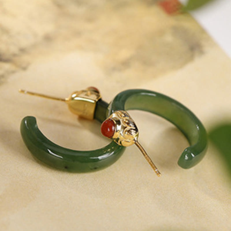 Buddha Stones 925 Sterling Silver Hetian Jade Prosperity Curved Earrings  - image 20
