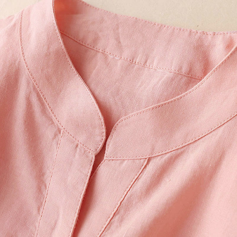 Buddha Stones Casual Women's V-neck Three Quarter Sleeve Design Plain Cotton Linen Shirt - image 17
