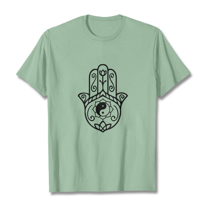 Buddha Stones Hamsa Hand Yin Yang Pattern Tee Cotton T-shirt - PaleGreen - 2XL - image 15
