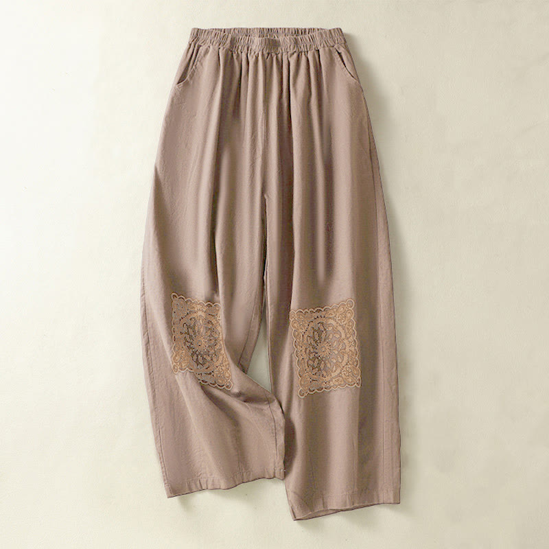 Buddha Stones Vintage Summer Casual Embroidery Paisley Pattern Women's  Cotton Linen Harem Pants With Pockets - Chocolate - US8-10，UK/AU12-14，EU40-42 (2XL) - image 1
