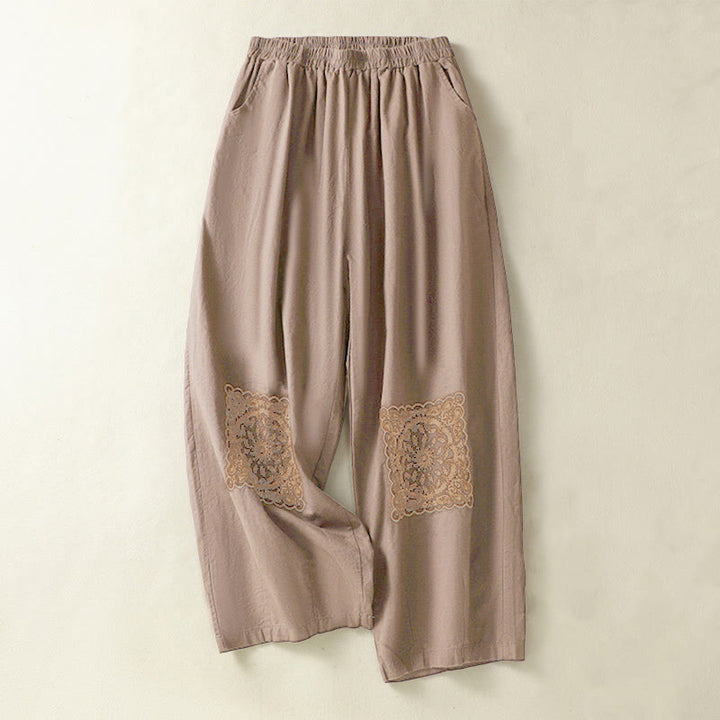 Buddha Stones Vintage Summer Casual Embroidery Paisley Pattern Women's  Cotton Linen Harem Pants With Pockets - Chocolate - US8-10，UK/AU12-14，EU40-42 (2XL) - image 1