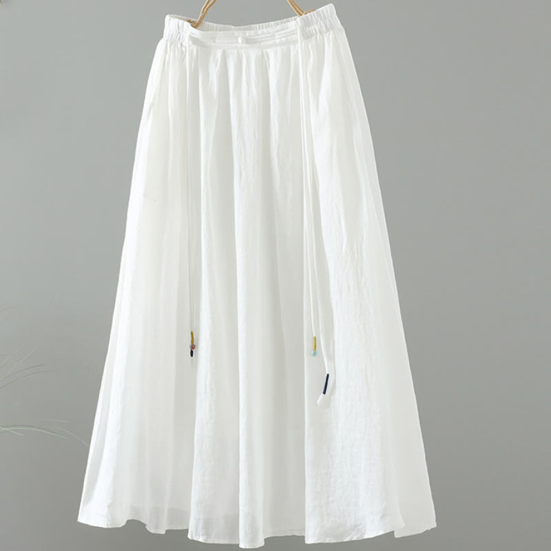Buddha Stones Summer Retro Pure Color Tassel Design Women's Skirt With Pockets - White - US12，UK/AU16，EU44 (2XL) - image 5