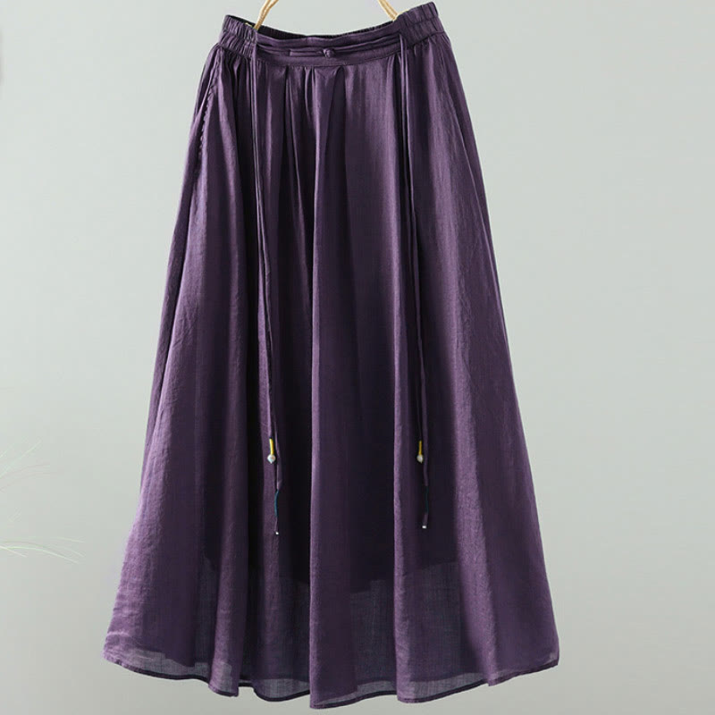 Buddha Stones Summer Retro Pure Color Tassel Design Women's Skirt With Pockets - image 16