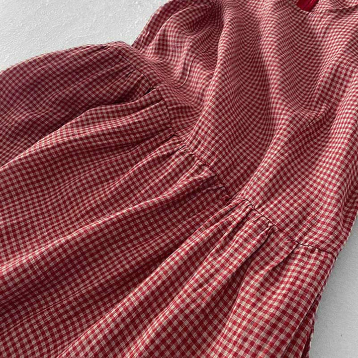 Buddha Stones Casual Plain Handmade Plaid Midi Dress Cotton Sleeveless Dress With Pockets - image 5