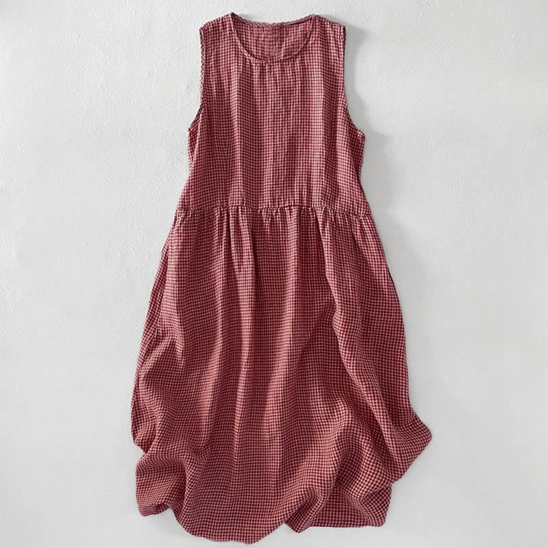 Buddha Stones Casual Plain Handmade Plaid Midi Dress Cotton Sleeveless Dress With Pockets - DarkSalmon - US14，UK/AU18，EU46 (2XL) - image 0