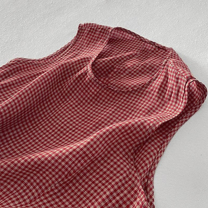 Buddha Stones Casual Plain Handmade Plaid Midi Dress Cotton Sleeveless Dress With Pockets - image 7