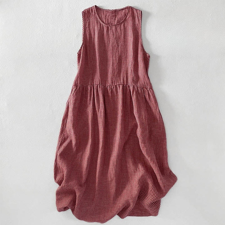 Buddha Stones Casual Plain Handmade Plaid Midi Dress Cotton Sleeveless Dress With Pockets - DarkSalmon - US16，UK/AU20，EU48 (3XL) - image 0