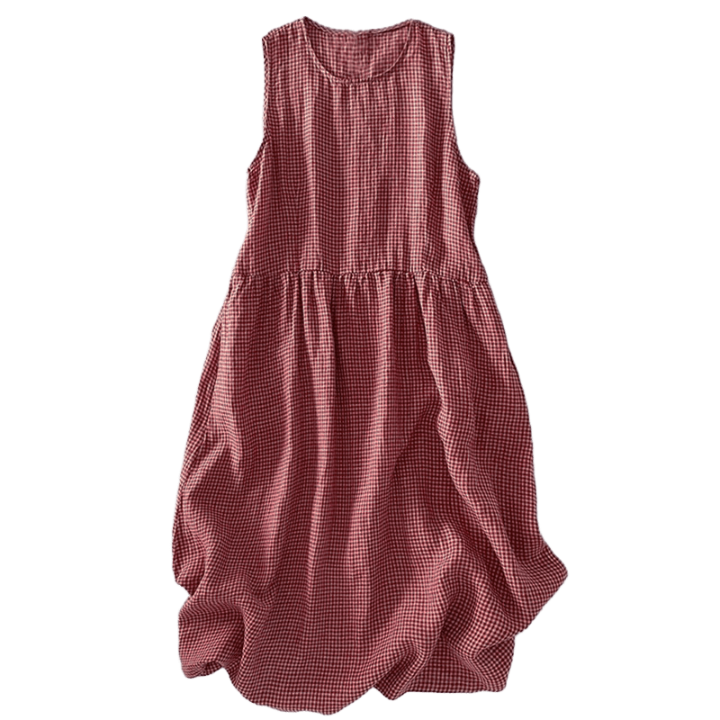 Buddha Stones Casual Plain Handmade Plaid Midi Dress Cotton Sleeveless Dress With Pockets - image 8