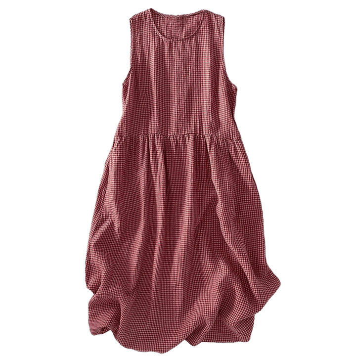 Buddha Stones Casual Plain Handmade Plaid Midi Dress Cotton Sleeveless Dress With Pockets - image 8