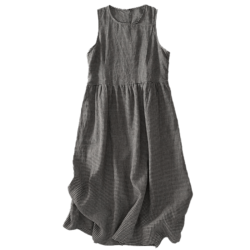 Buddha Stones Casual Plain Handmade Plaid Midi Dress Cotton Sleeveless Dress With Pockets - image 16