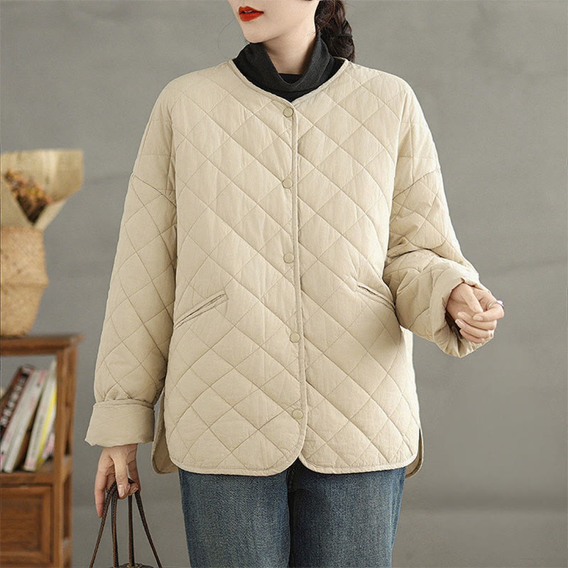 Buddha Stones Women's Buttons Design Cotton Thermal Diamond-quilted Long Sleeve Jacket With Pockets - Beige - US14，UK/AU18，EU46 (2XL) - image 10