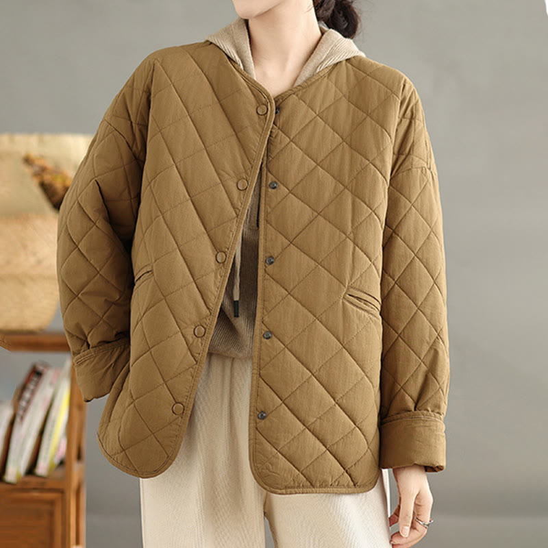 Buddha Stones Women's Buttons Design Cotton Thermal Diamond-quilted Long Sleeve Jacket With Pockets - image 1