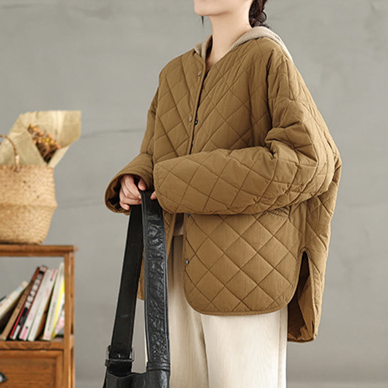 Buddha Stones Women's Buttons Design Cotton Thermal Diamond-quilted Long Sleeve Jacket With Pockets - image 2