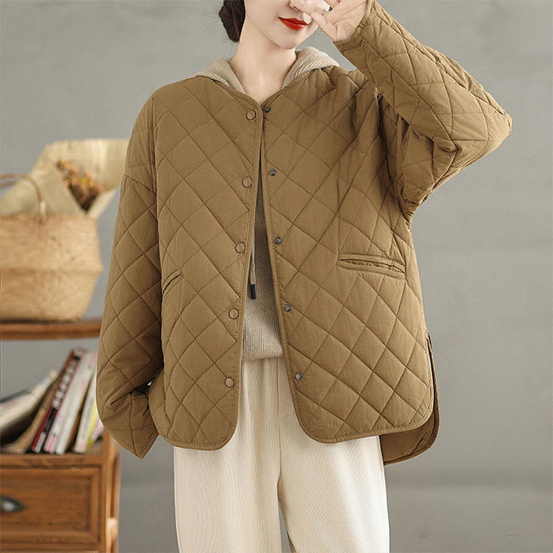 Buddha Stones Women's Buttons Design Cotton Thermal Diamond-quilted Long Sleeve Jacket With Pockets - Goldenrod - US14，UK/AU18，EU46 (2XL) - image 0