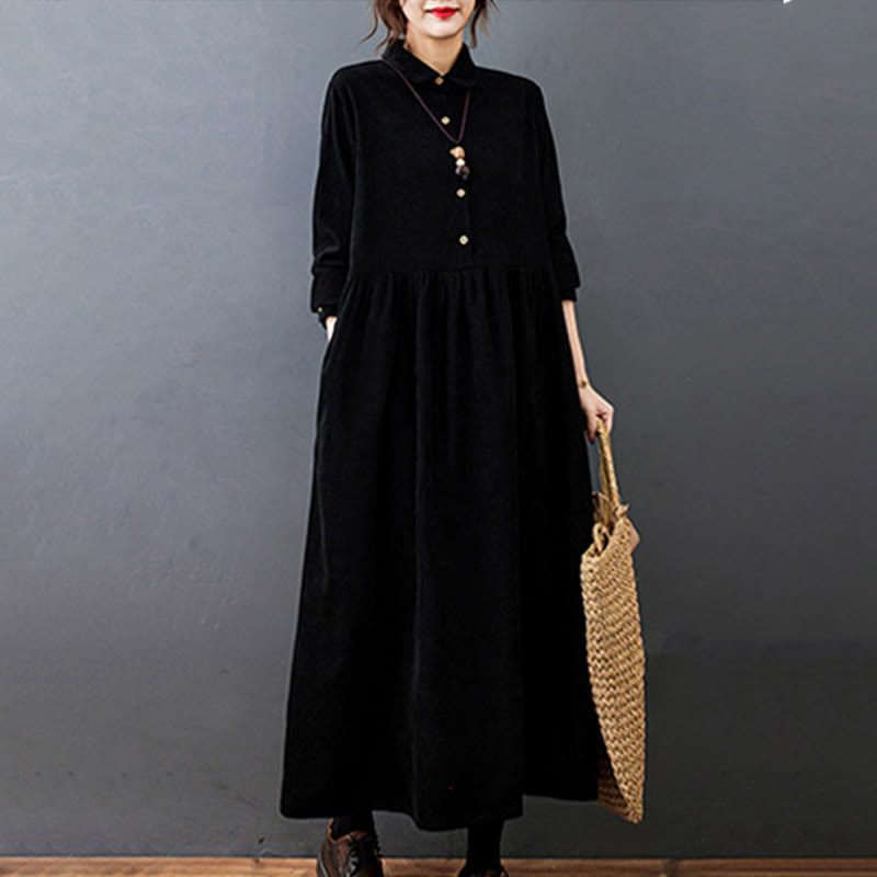 Buddha Stones Fall Buttons Design Long Sleeve Cotton Corduroy Midi Dress With Pockets - image 5