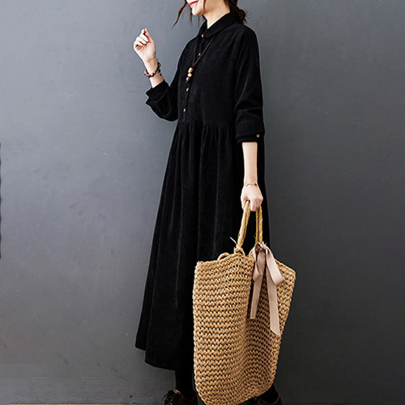 Buddha Stones Fall Buttons Design Long Sleeve Cotton Corduroy Midi Dress With Pockets - image 8