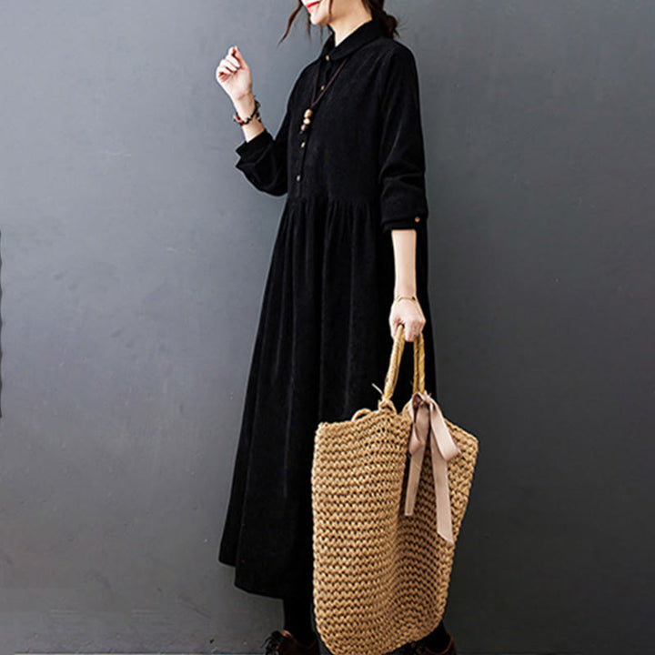 Buddha Stones Fall Buttons Design Long Sleeve Cotton Corduroy Midi Dress With Pockets - image 8