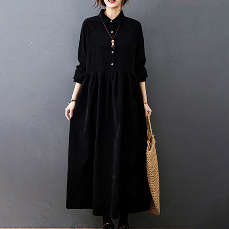 Buddha Stones Fall Buttons Design Long Sleeve Corduroy Midi Dress With Pockets - image 2