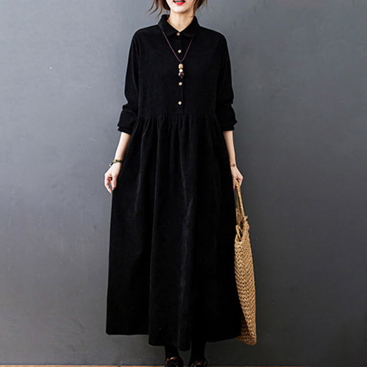 Buddha Stones Fall Buttons Design Long Sleeve Corduroy Midi Dress With Pockets - image 2