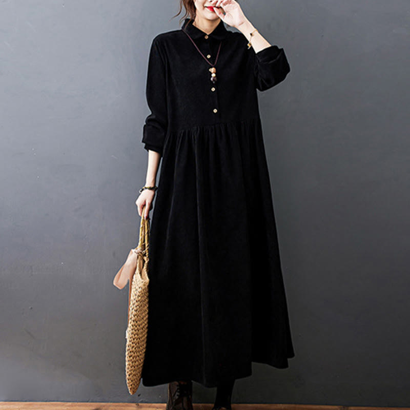 Buddha Stones Fall Buttons Design Long Sleeve Corduroy Midi Dress With Pockets - image 4