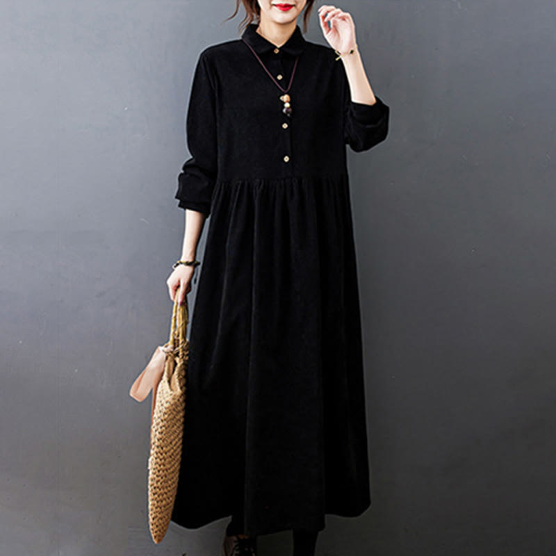 Buddha Stones Fall Buttons Design Long Sleeve Corduroy Midi Dress With Pockets - image 6