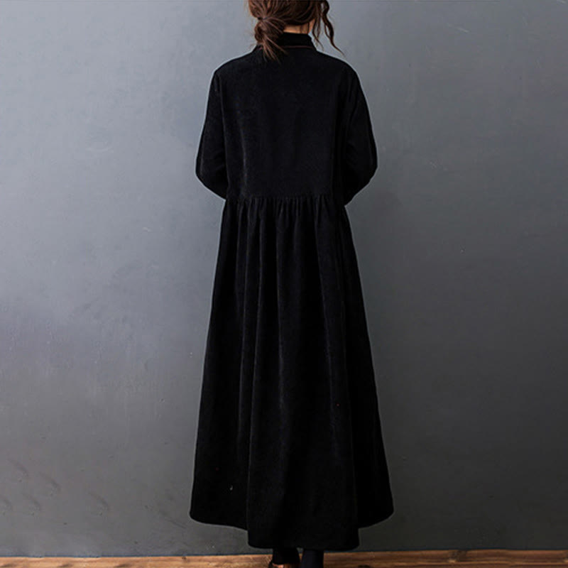 Buddha Stones Fall Buttons Design Long Sleeve Cotton Corduroy Midi Dress With Pockets - image 3