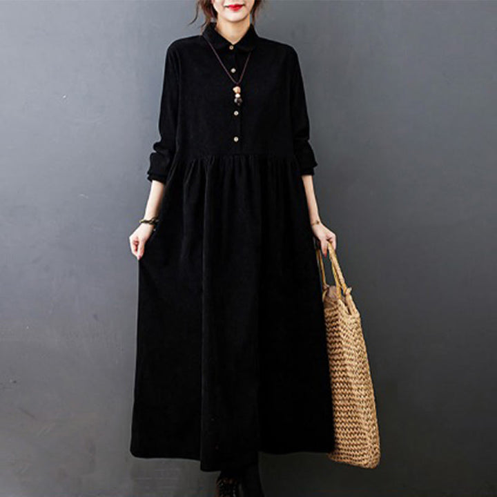 Buddha Stones Fall Buttons Design Long Sleeve Corduroy Midi Dress With Pockets - Black - US8-10，UK/AU12-14，EU40-42 (2XL) - image 0