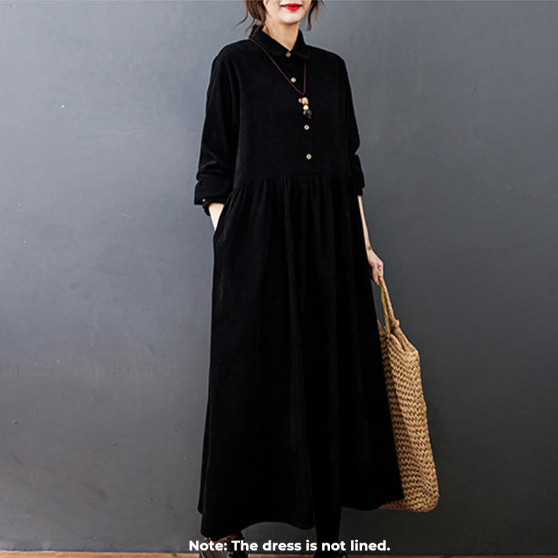 Buddha Stones Fall Buttons Design Long Sleeve Corduroy Midi Dress With Pockets - image 1
