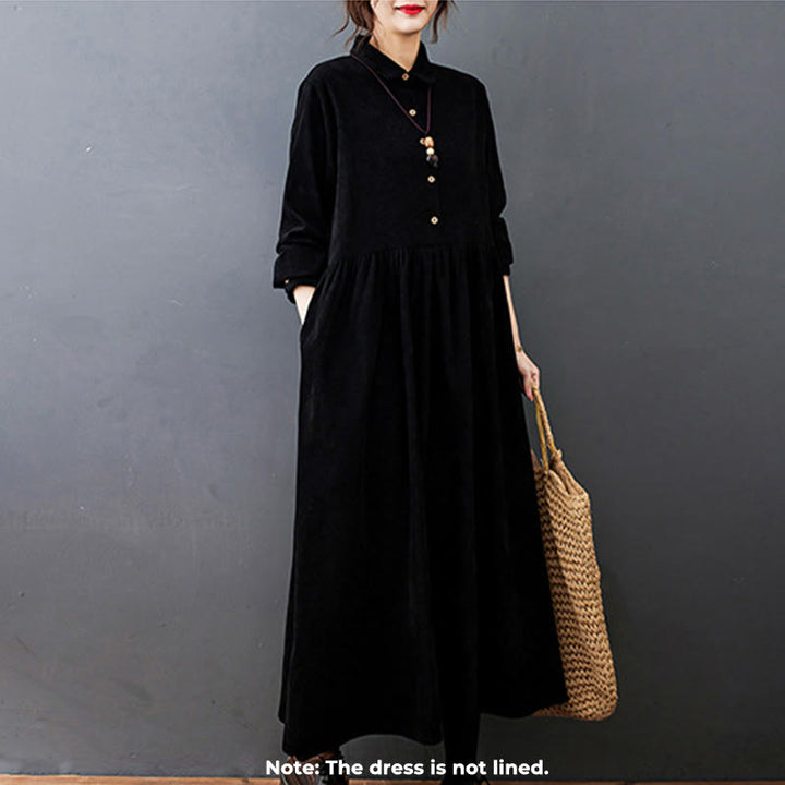 Buddha Stones Fall Buttons Design Long Sleeve Corduroy Midi Dress With Pockets - image 1