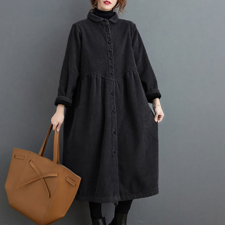 Buddha Stones Plain Buttons Long Sleeve Women's Cotton Corduroy Fleece-Lined Coat With Pockets - image 6