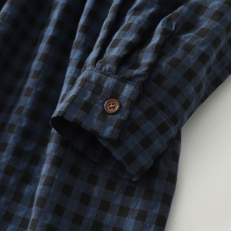 Buddha Stones Retro Contrasting Color Plaid Puff Long Sleeve Cotton Linen Midi Dress With Pockets - image 7
