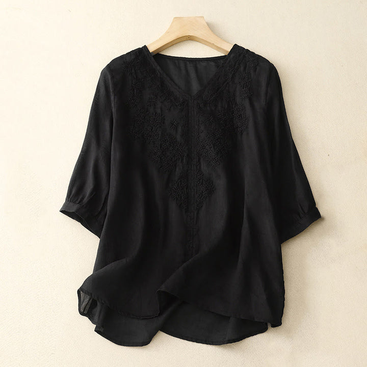 Buddha Stones V-Neck Lines Embroidery Women's Half Sleeve Shirt - Black - US12，UK/AU16，EU44 (2XL) - image 11