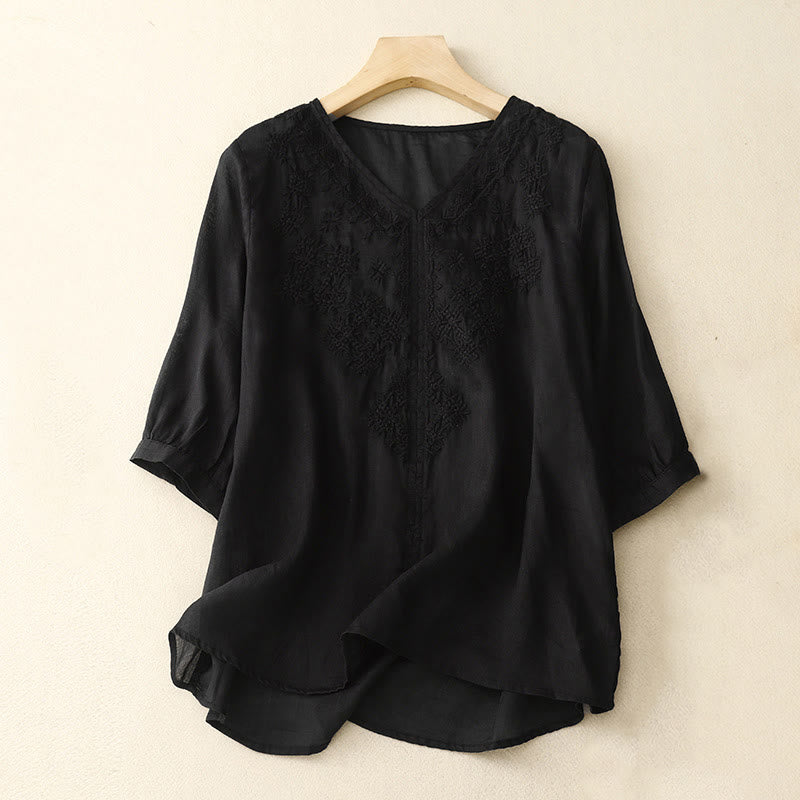 Buddha Stones V-Neck Lines Embroidery Women's Half Sleeve Shirt - Black - US12，UK/AU16，EU44 (2XL) - image 11