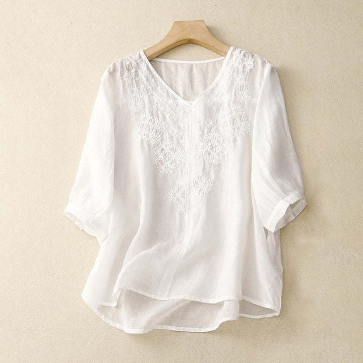 Buddha Stones V-Neck Lines Embroidery Women's Half Sleeve Shirt - White - US12，UK/AU16，EU44 (2XL) - image 15