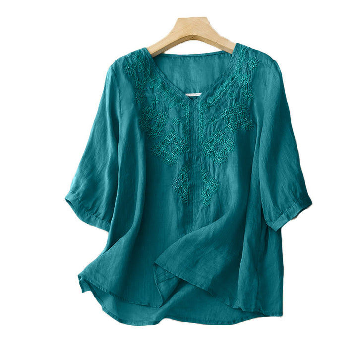Buddha Stones V-Neck Lines Embroidery Women's Half Sleeve Shirt - image 4