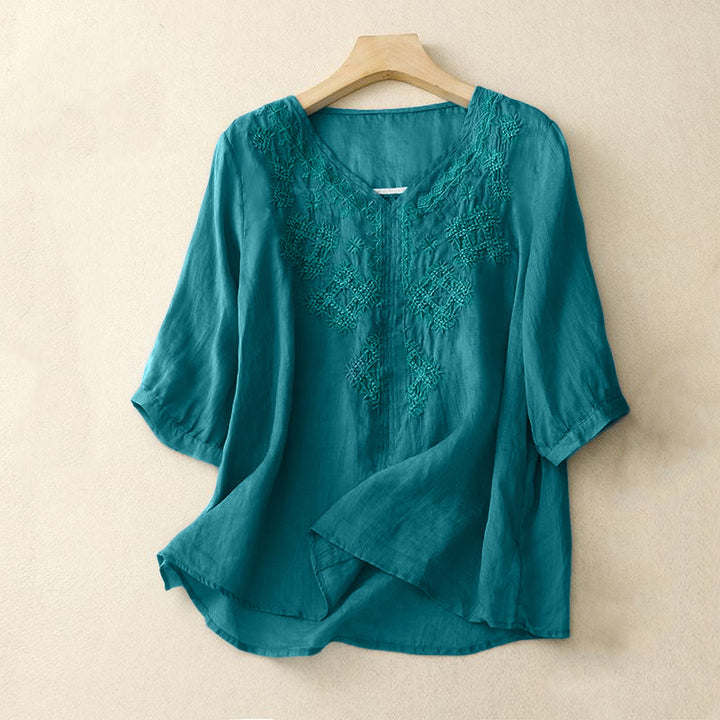 Buddha Stones V-Neck Lines Embroidery Women's Half Sleeve Shirt - DarkTurquoise - US12，UK/AU16，EU44 (2XL) - image 0