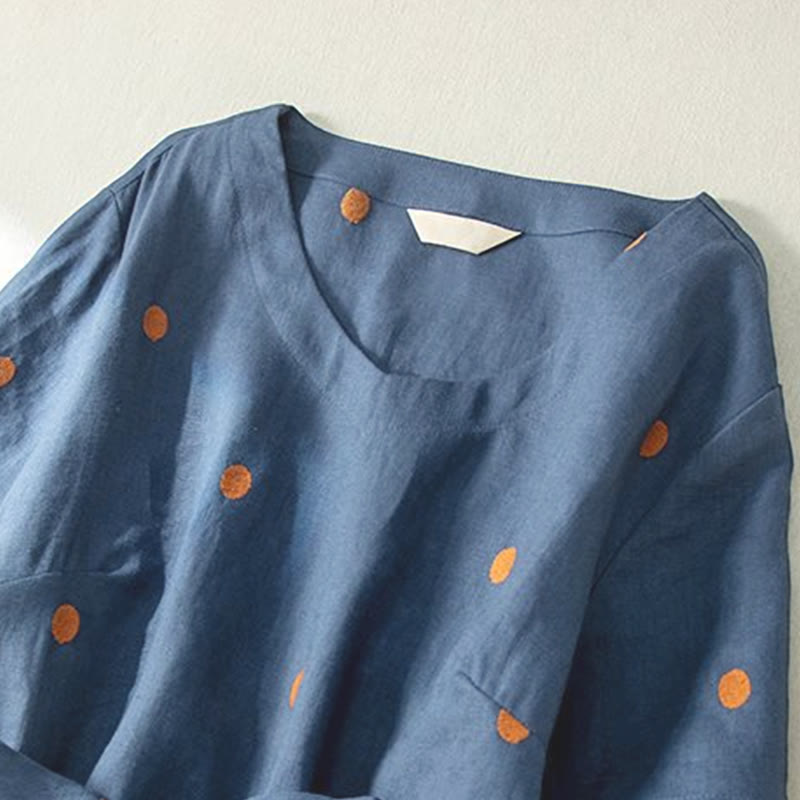 Buddha Stones Casual Dot Pattern Short Sleeve Lace-up Cotton Linen Women's Midi Dress With Pockets - image 4