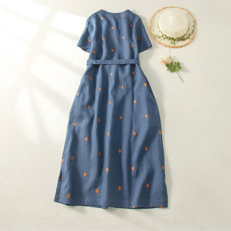 Buddha Stones Casual Dot Pattern Short Sleeve Lace-up Women's Midi Dress With Pockets - image 1