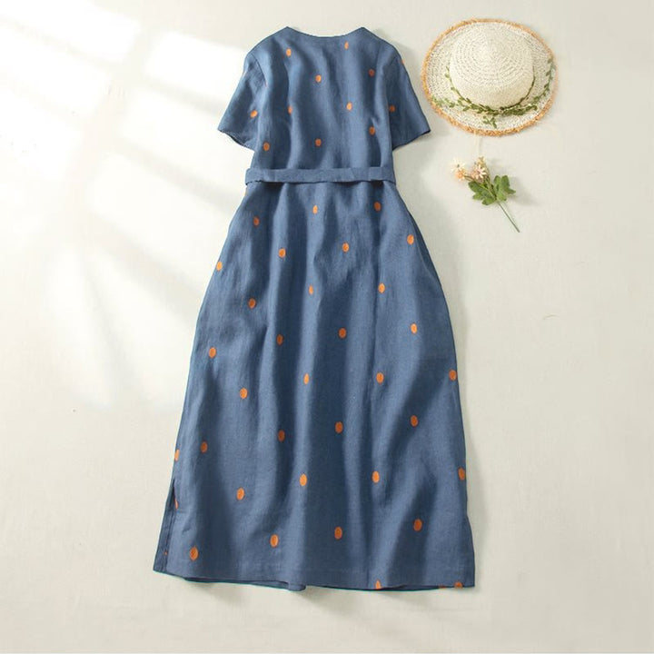 Buddha Stones Casual Dot Pattern Short Sleeve Lace-up Women's Midi Dress With Pockets - image 1