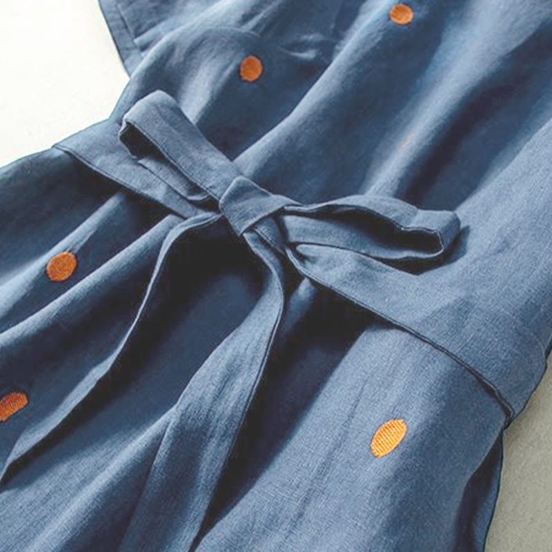 Buddha Stones Casual Dot Pattern Short Sleeve Lace-up Cotton Linen Women's Midi Dress With Pockets - image 2